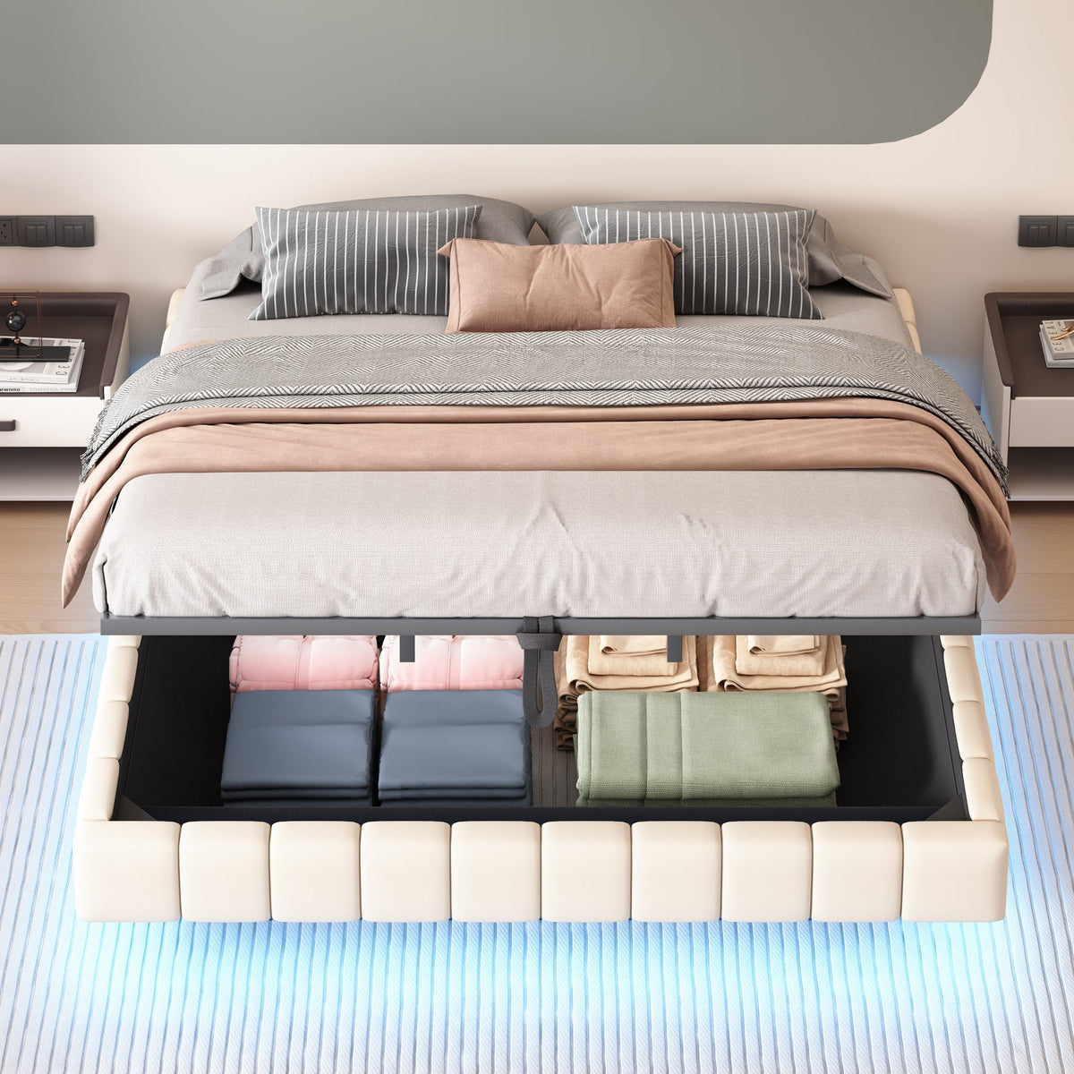 Upholstered Bed 180x200cm Hydraulic Storage LED Light, Linen Beige