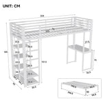 Bunk Bed 90x200cm with Desk & Shelves, White Metal
