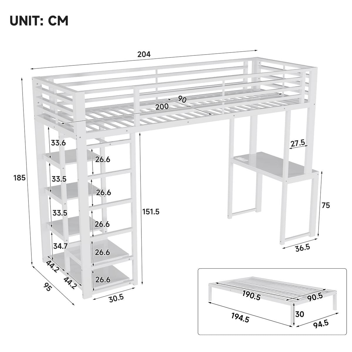 Bunk Bed 90x200cm with Desk & Shelves, White Metal