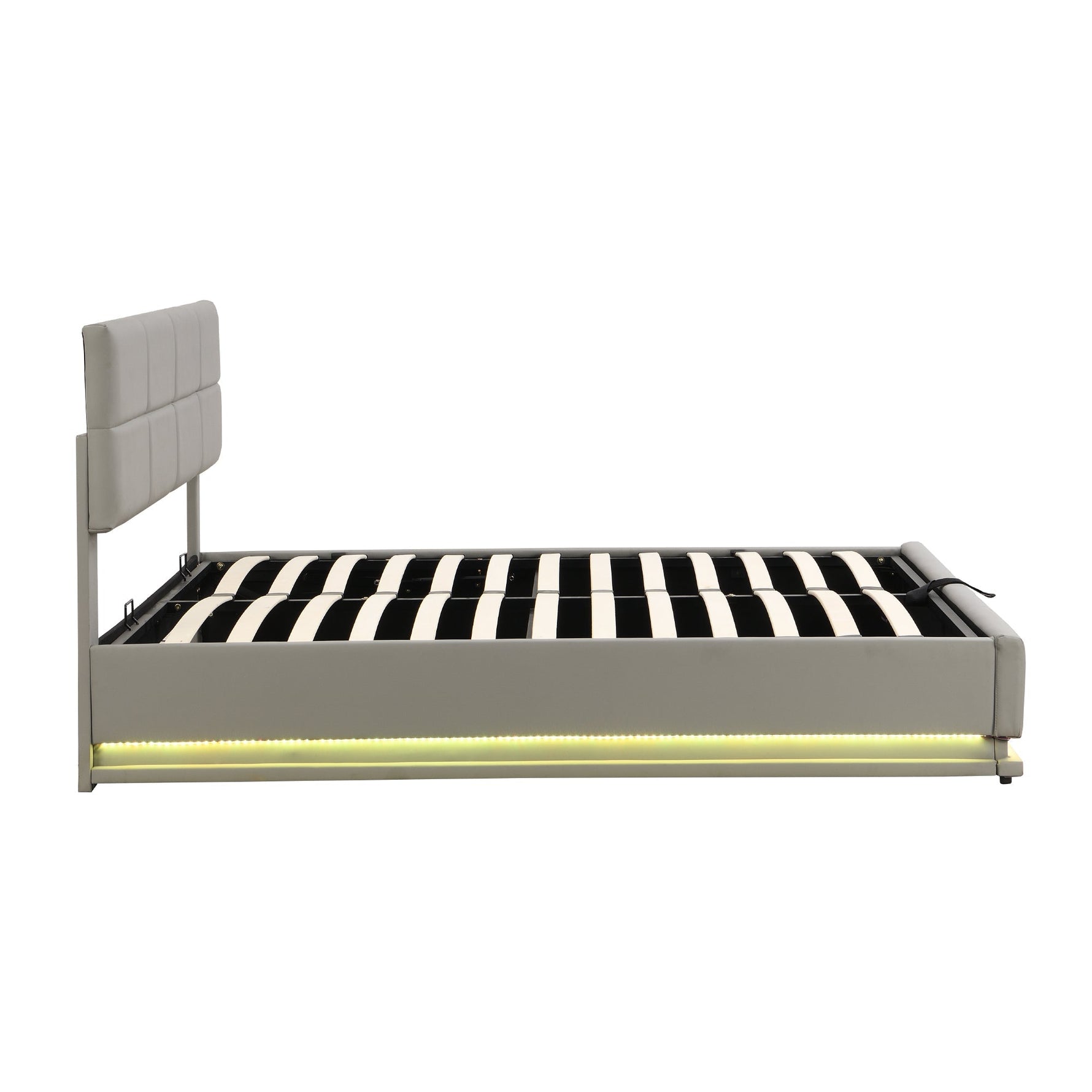 Upholstered Bed, 180x200cm LED & Hydraulic Storage, Faux Leather Light Grey
