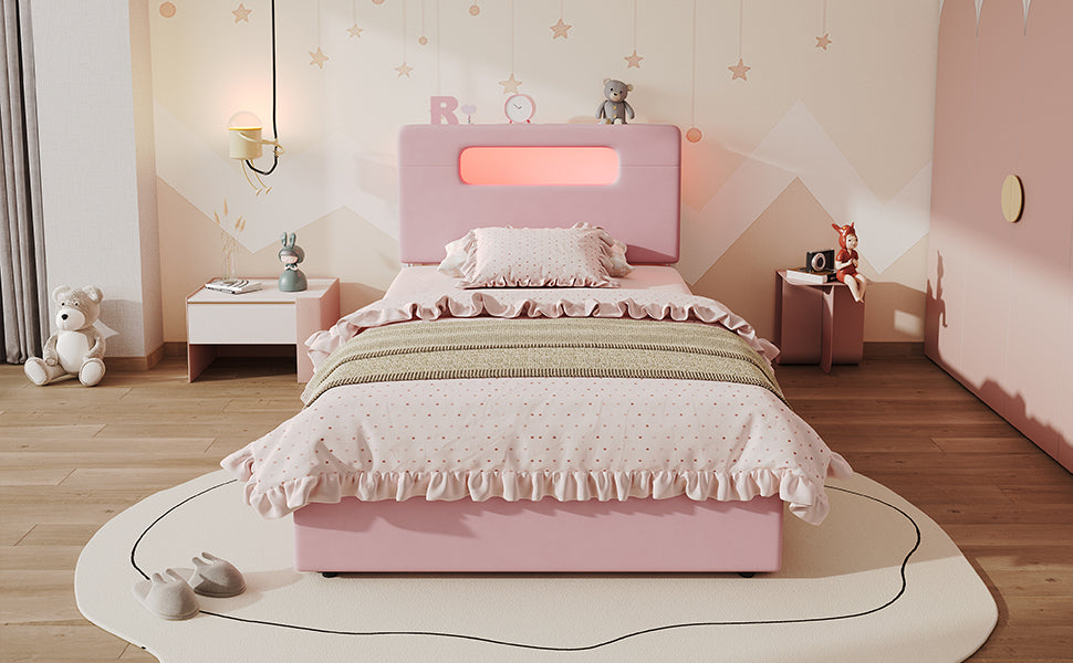 Children's Upholstered Bed 90x200cm with 4 Drawers & LED, Pink