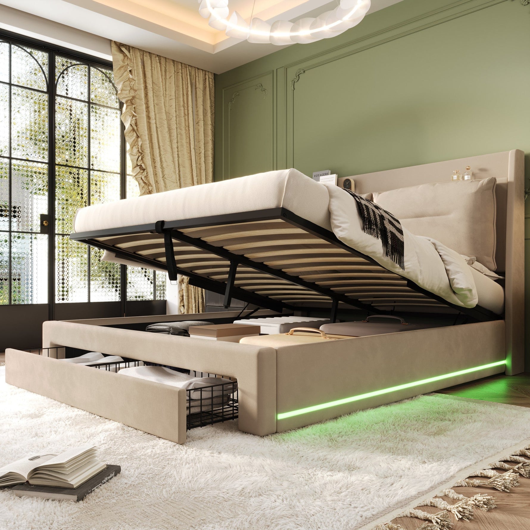 LED upholstered bed, 140 × 190 cm, hydraulic bed, 2-in-1 storage drawers at the foot of the bed, built-in LED light strips on both sides of the bed, slatted base, mattress not included, velvet, grey.