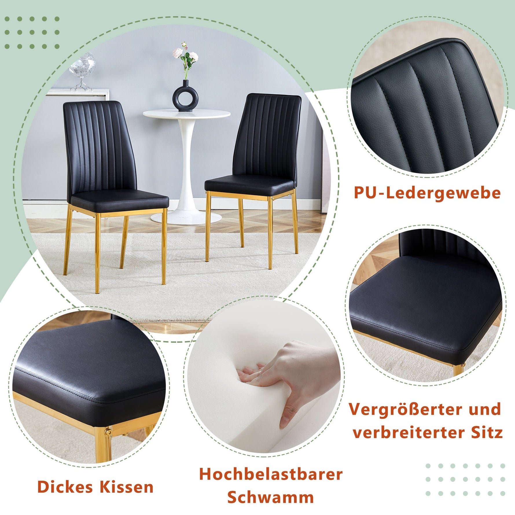 Dining Chair Set 4-Piece Golden Metal Legs PU Leather - Black