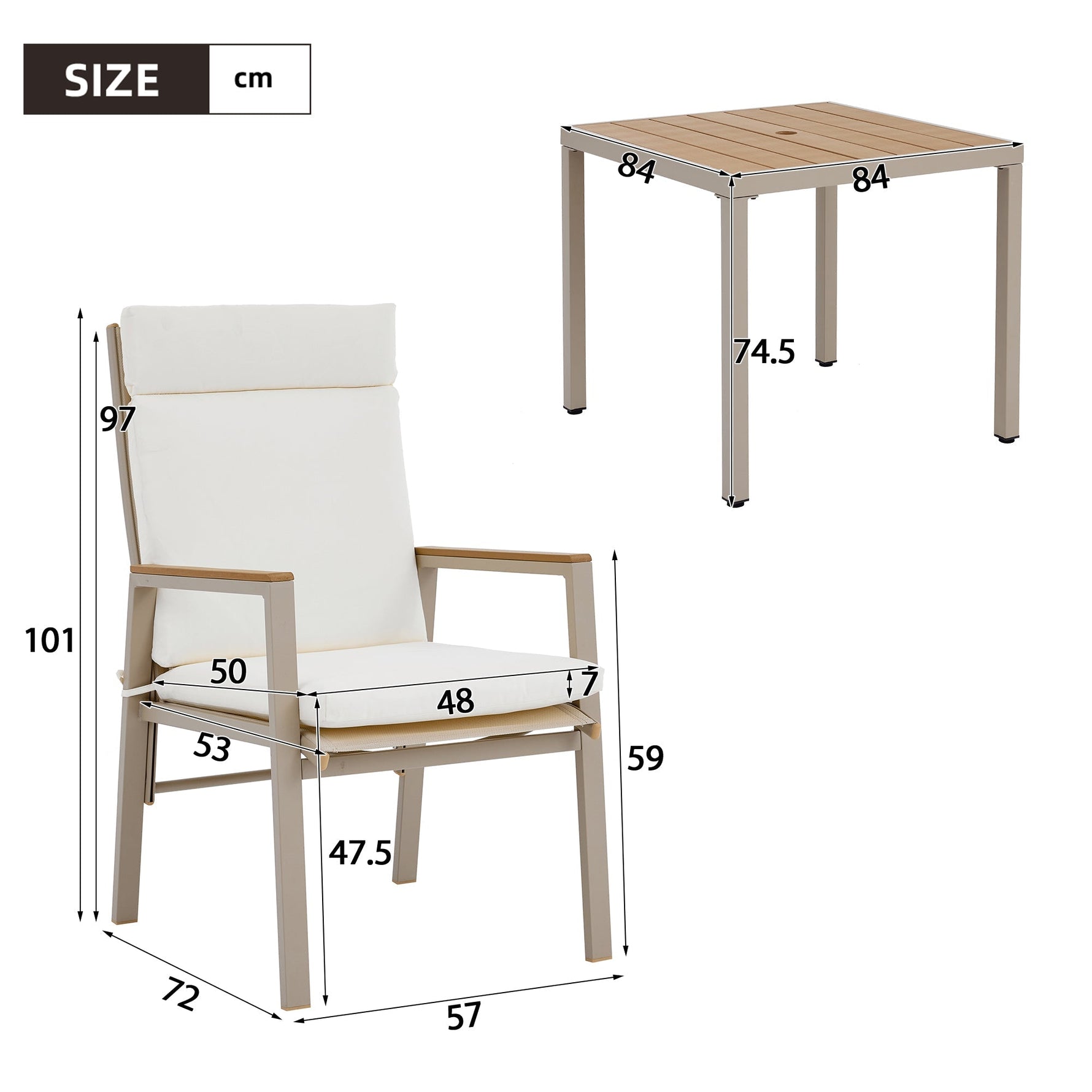 Garden Dining Set, 5 Pieces for 4 People with 1 Table and 4 Chairs, Khaki and Beige Plastic Wood