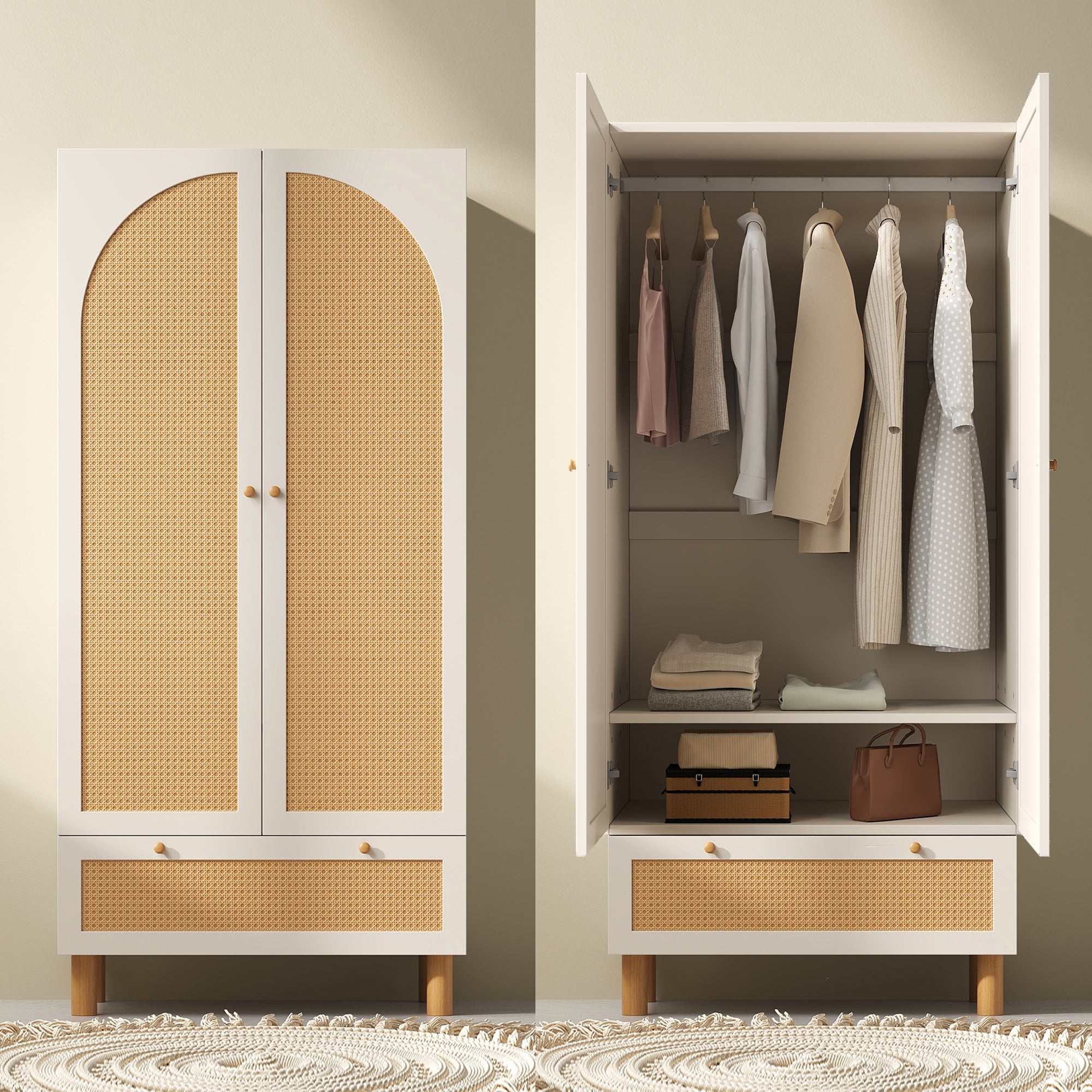 Wardrobe 2 Doors Rattan Large Drawer Adjustable Shelves White