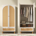Wardrobe 2 Doors Rattan Large Drawer Adjustable Shelves White