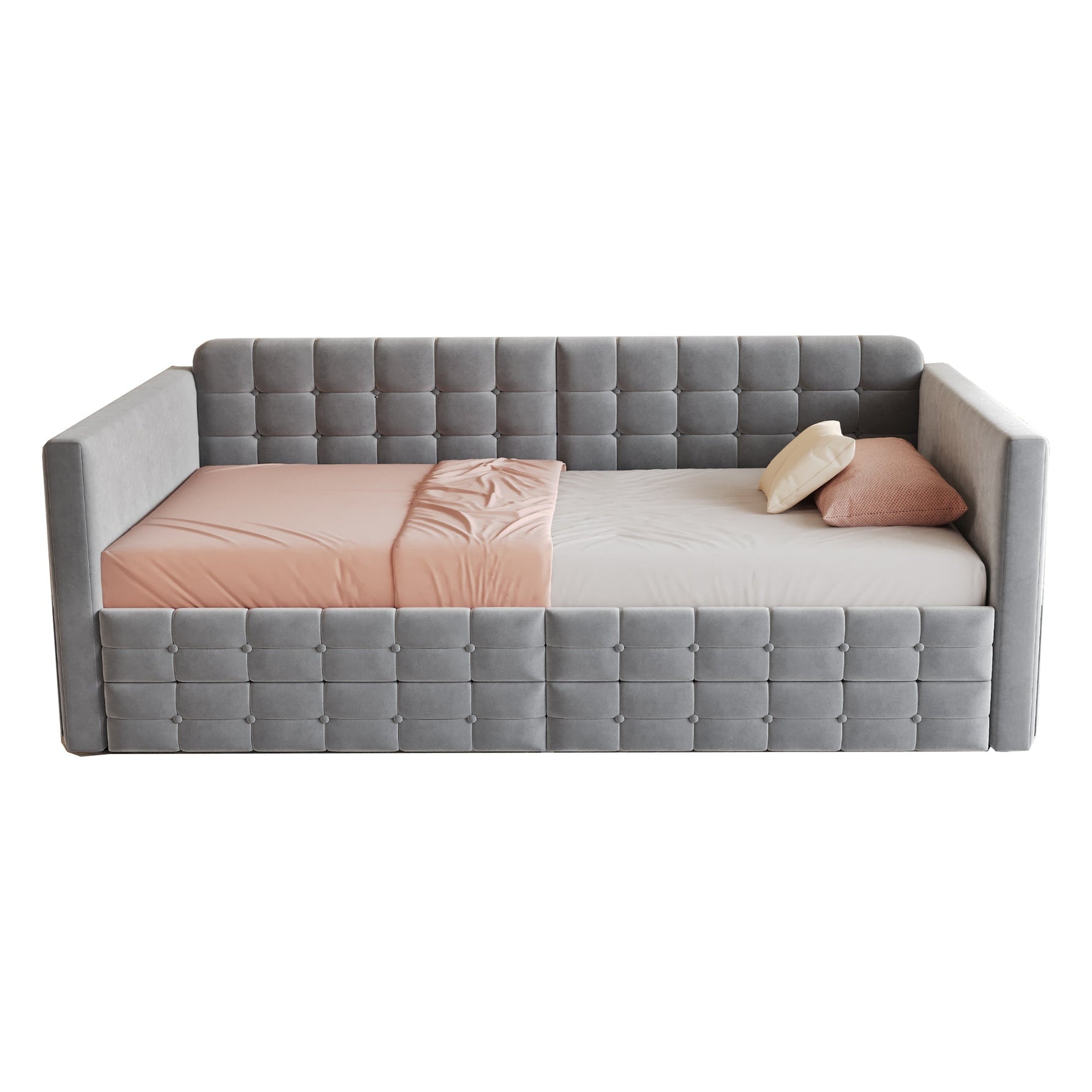 Upholstered Sofa Bed 90x190 with Side Storage and Drawers, Grey Velvet