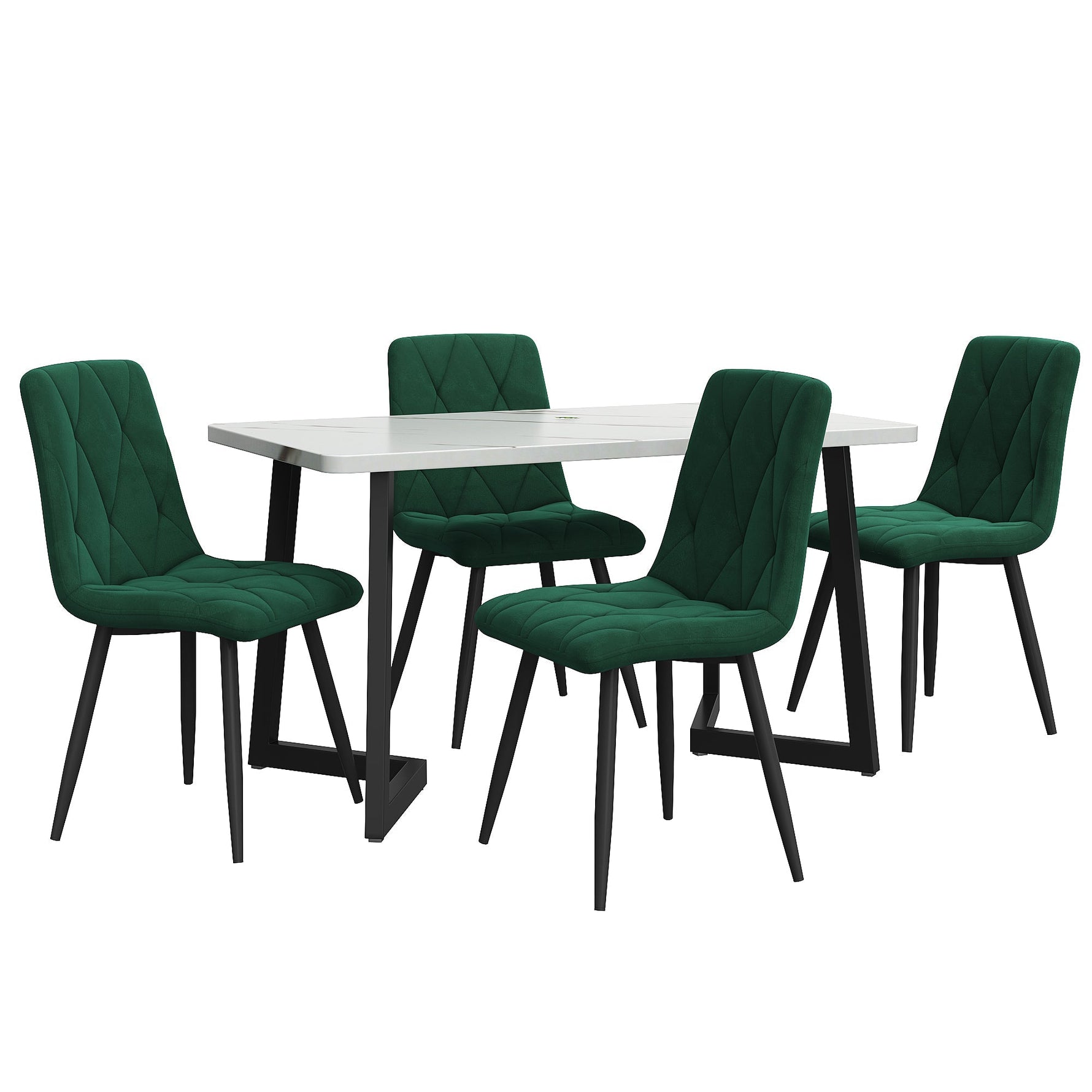 Dining Set 5-Piece 117x68cm Rectangular Table 4 Dark Green Twill Velvet Chairs Black