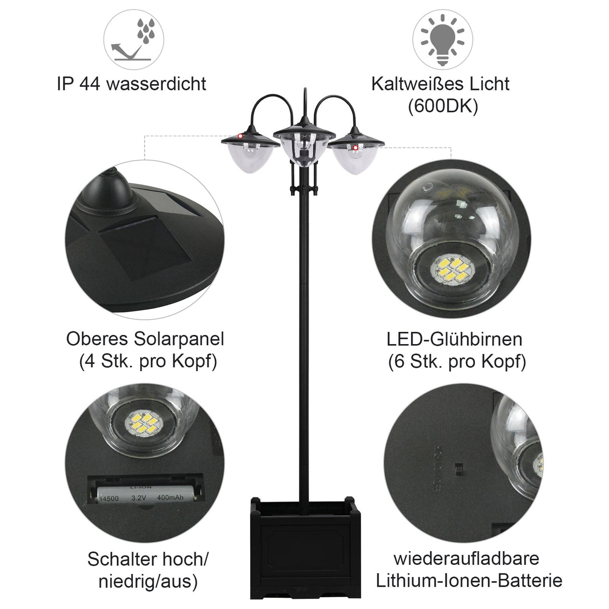 Solar Lantern 3-Piece Set, Floor Lamp Waterproof IP44 Flower Pot Base, Metal Black
