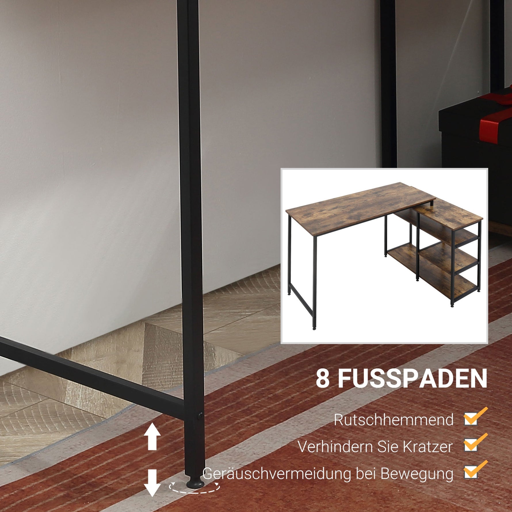 Corner Desk with Shelf and Drawer, L-Shaped, Rustic Brown Chipboard Metal