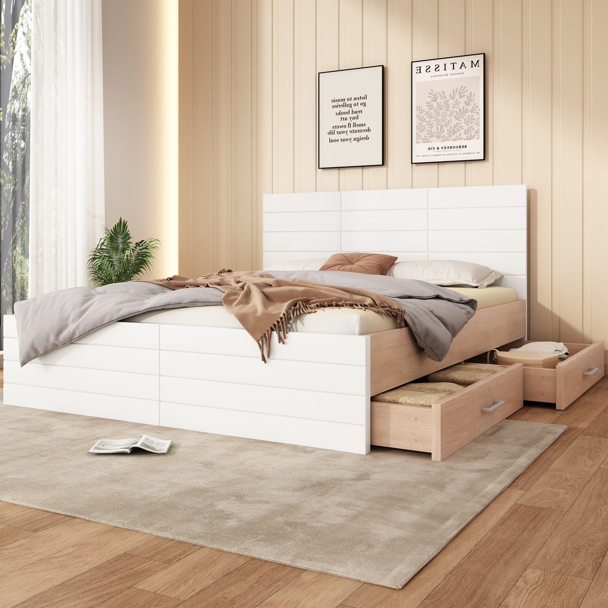 Double Wooden Bed, 180x200cm with 2 Drawers & Slatted Frame, Oak/White