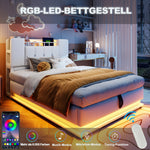 Smart Upholstered Bed with LED, USB and Hydraulic Storage, Beige Velvet