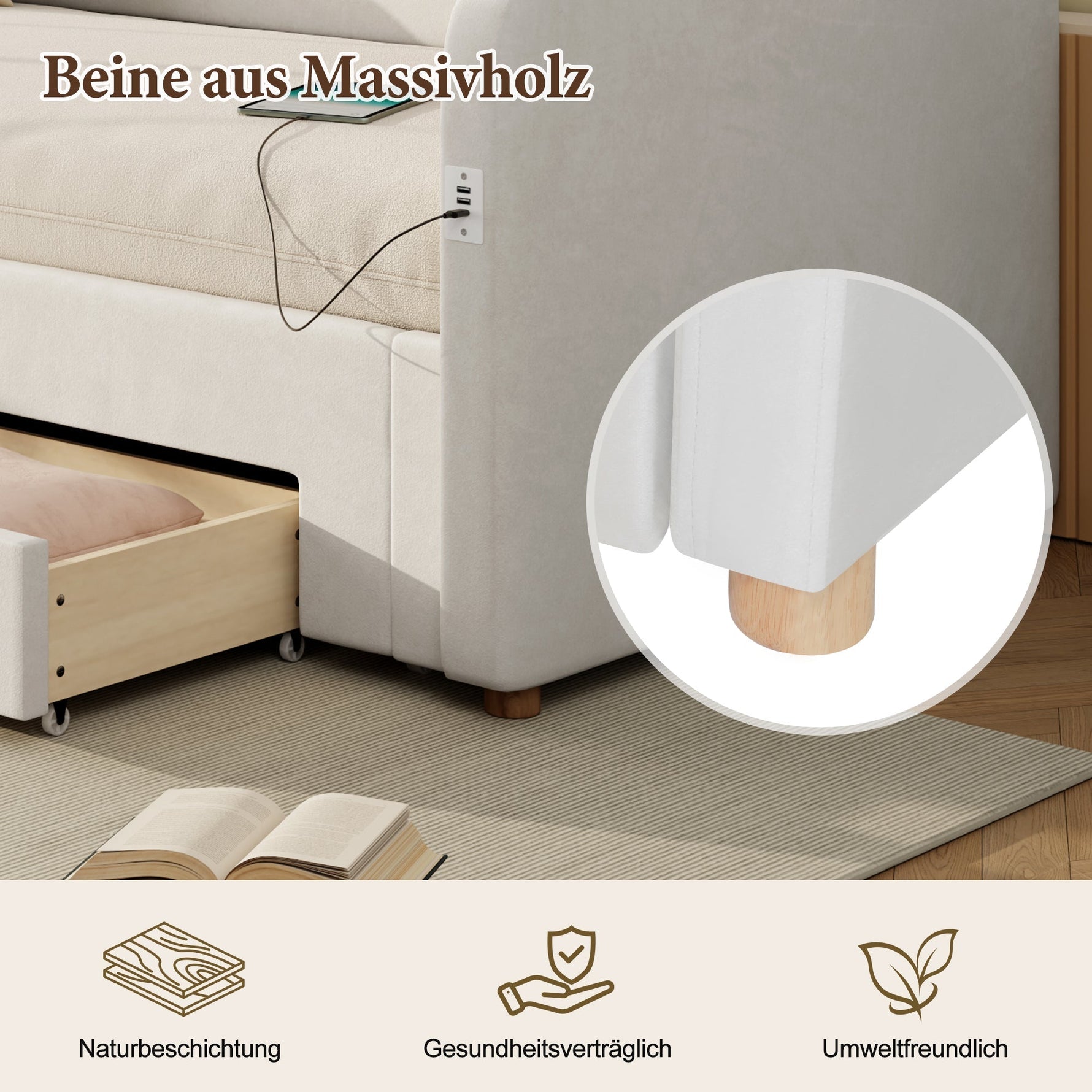 Upholstered Daybed with 2 Drawers, USB Port, 90x200cm Extendable to 180cm, Beige Velvet