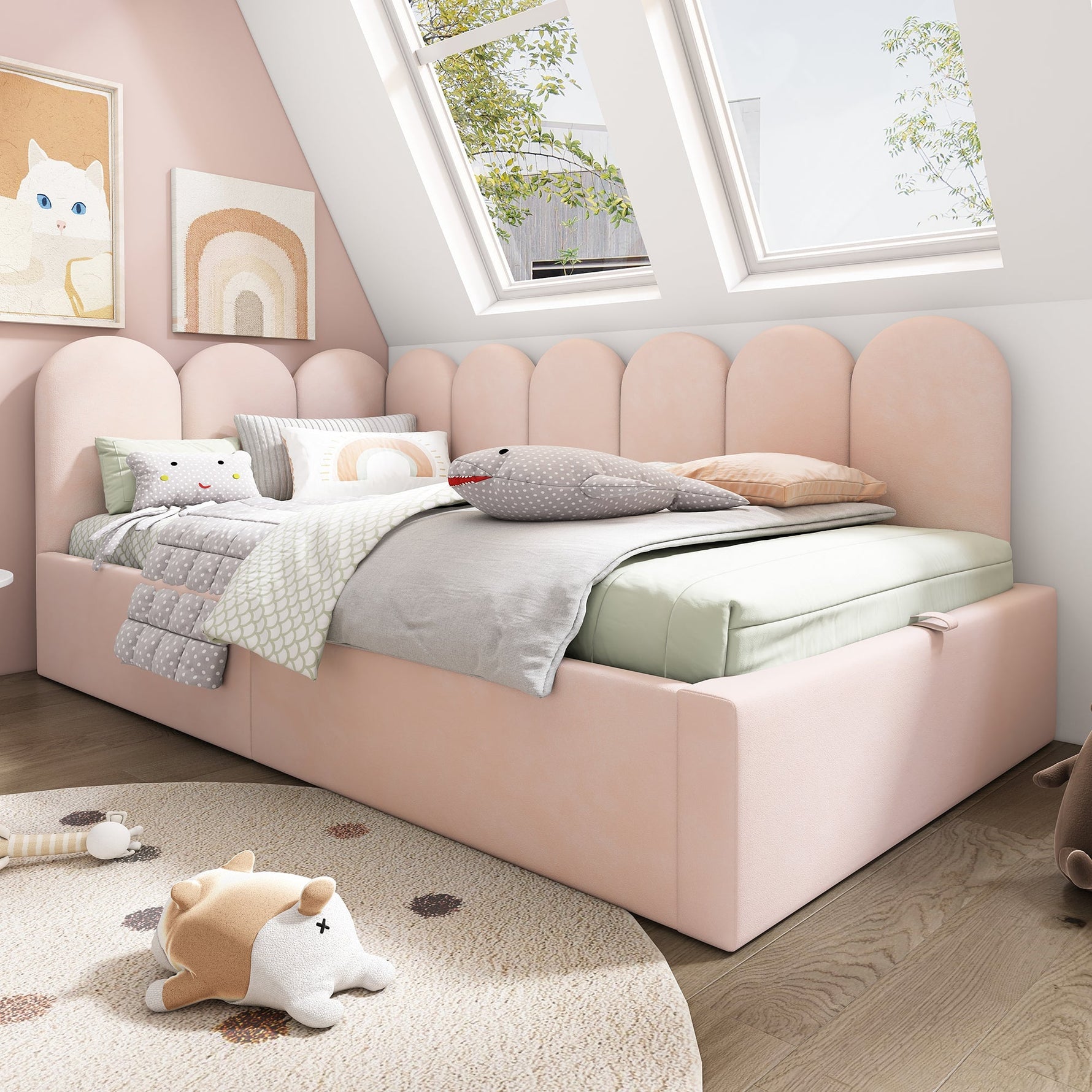 Upholstered Daybed, 90x200cm Sofa Bed with Hydraulic Storage, Velvet Pink