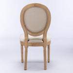 French Style Dining Chair Set of 2 Solid Wood Antique Finish Linen Back - Beige
