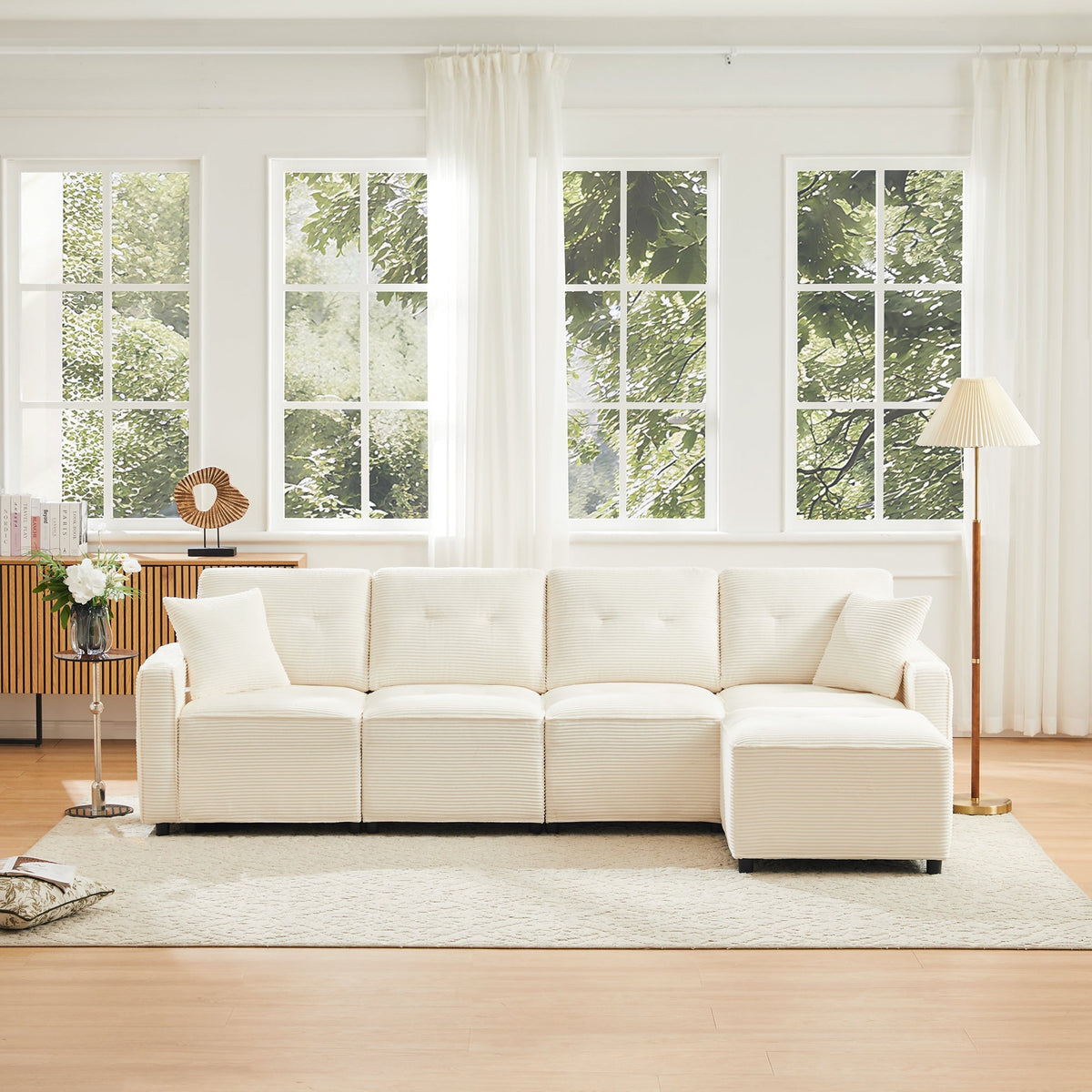4-Seater Straight Corduroy Sofa with Under-Seat Storage and Freestanding Ottoman, Beige