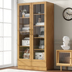Glass Display Cabinet, Offset Shelves Push-To-Open Drawers, Wood Color