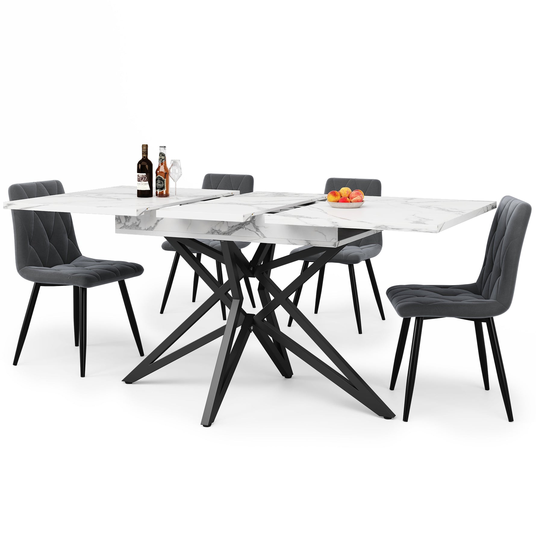 Dining Table Set Extendable 120/160cm 4 Chairs Diagonal Velvet - Dark Grey