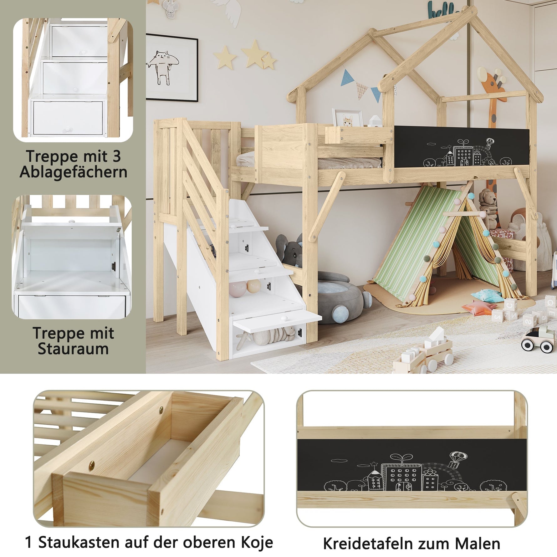 Children's Bunk Bed Roof Design Chalkboard Storage Stairs 90x200cm, White/Natural Pine/MDF/Plywood
