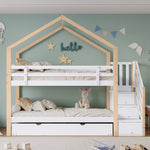 Bunk Bed, Pull-Out Treehouse with Sliding Bed & 3-Drawer Stairs, Natural + White