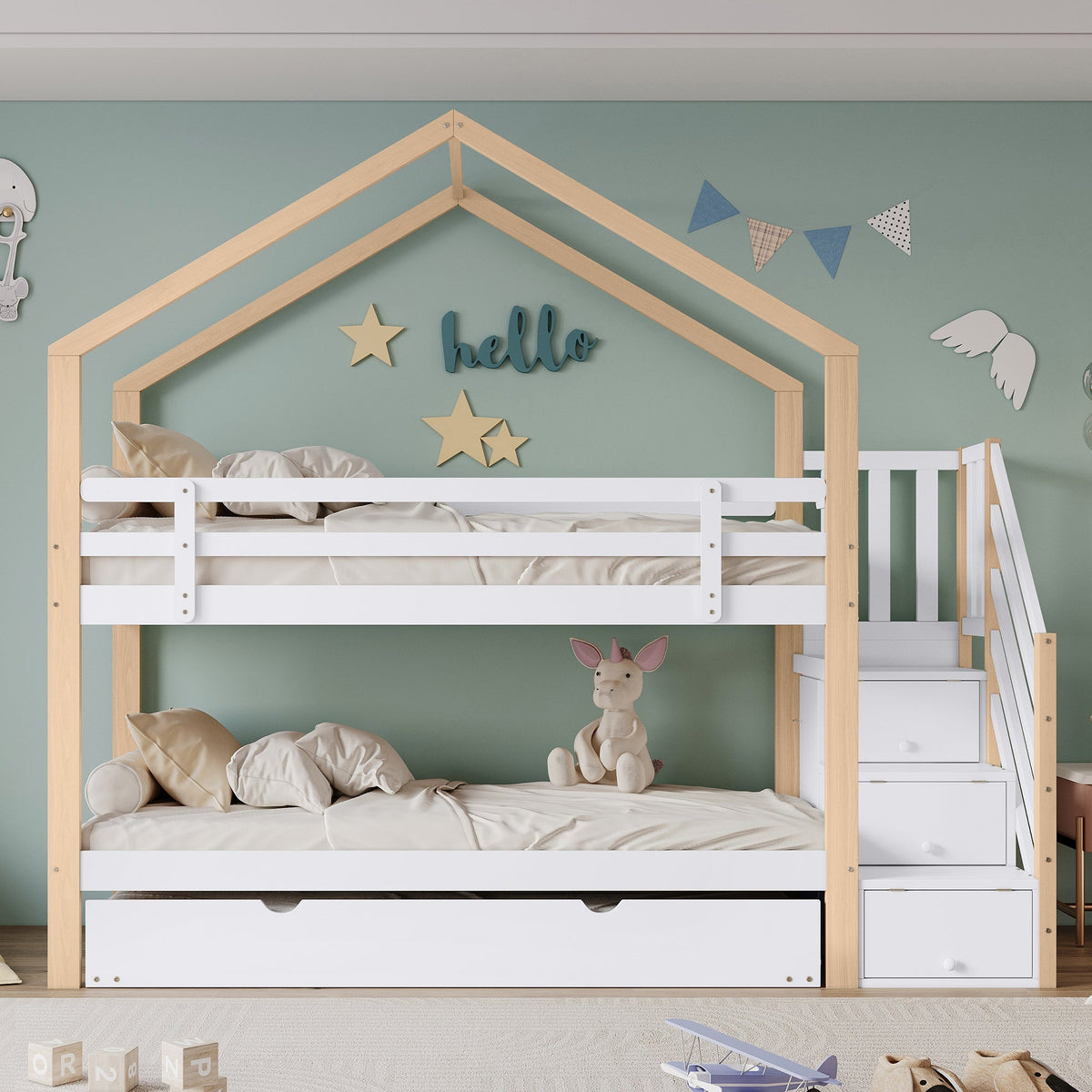 Bunk Bed, Pull-Out Treehouse with Sliding Bed & 3-Drawer Stairs, Natural + White
