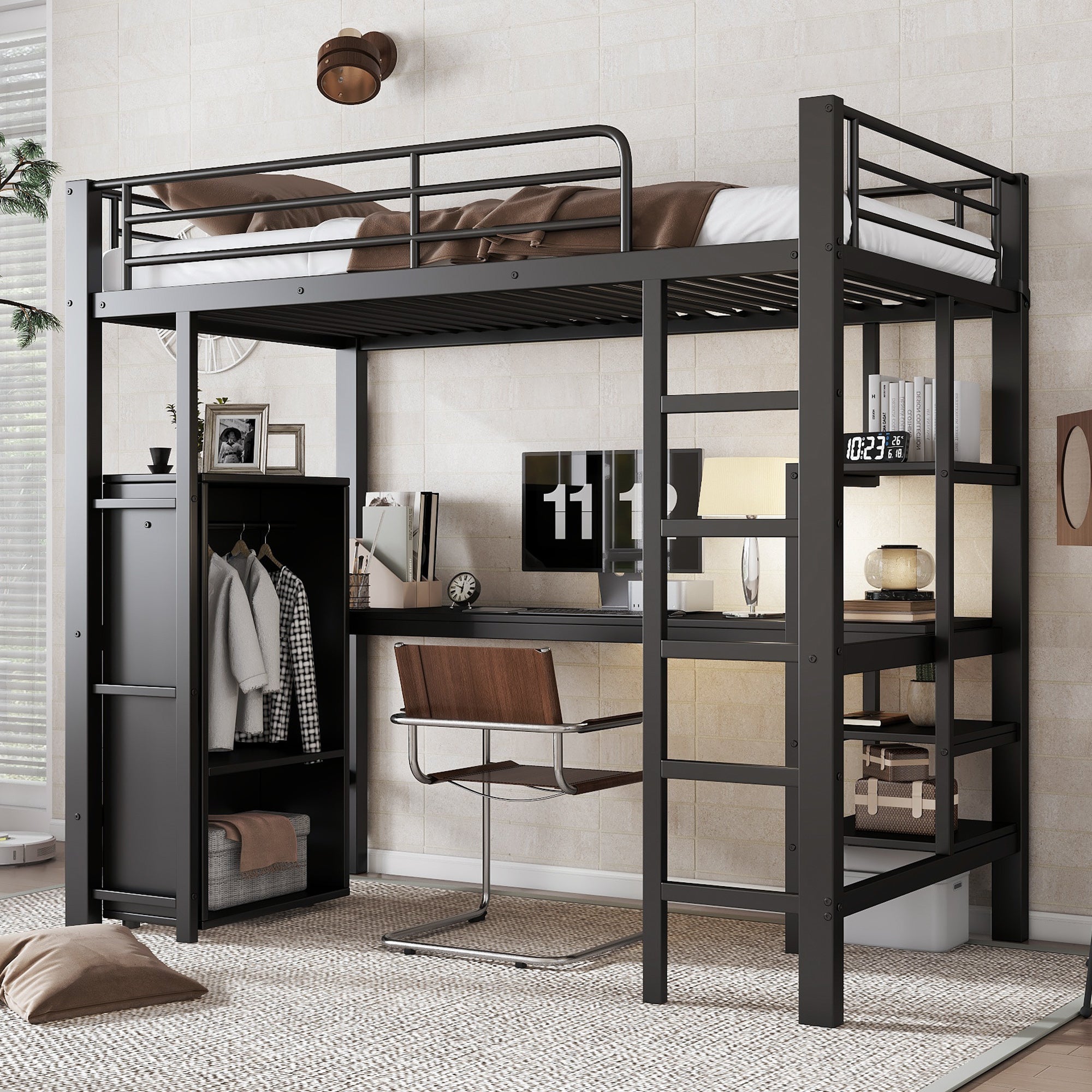 Iron Bunk Bed with Table Wardrobe Storage Ladder 90x200cm, Black Iron/Chipboard