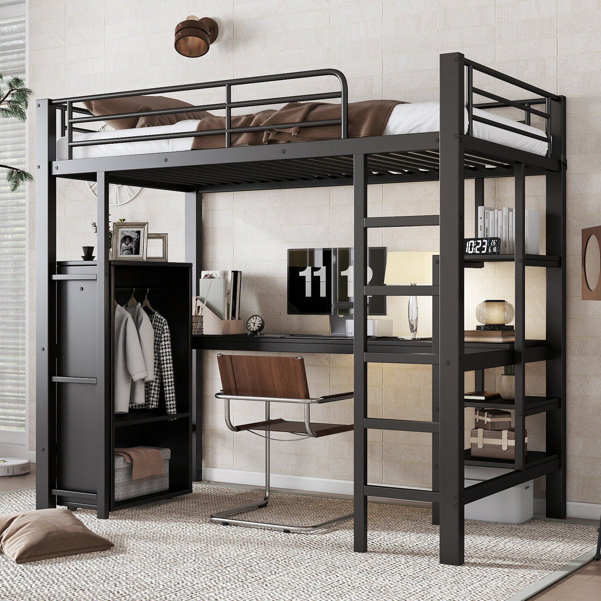 Iron Bunk Bed with Table Wardrobe Storage Ladder 90x200cm, Black Iron/Chipboard