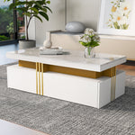 Modern rectangular coffee table with high gloss top and 2 wooden drawers, marble tabletop