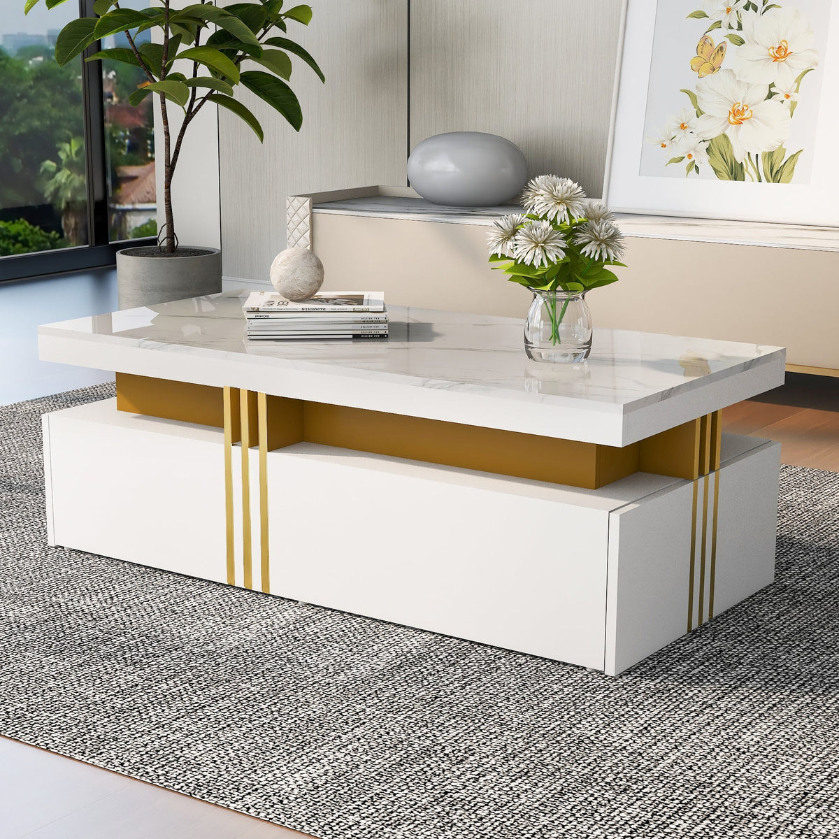 Modern rectangular coffee table with high gloss top and 2 wooden drawers, marble tabletop