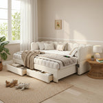 Upholstered Daybed with 2 Storage Drawers and USB Port, Beige Linen
