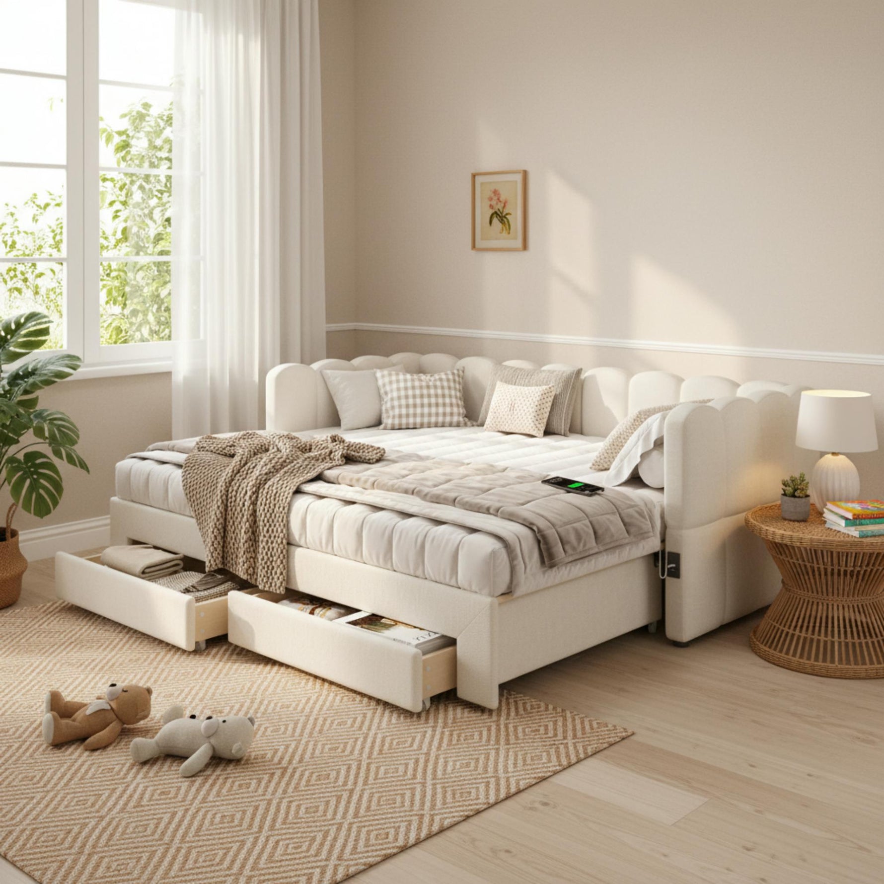 Upholstered Daybed with 2 Storage Drawers and USB Port, Beige Linen