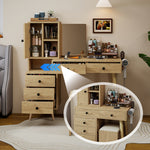 Modern Dressing Table with Retractable Mirror & Stool, Natural Wood