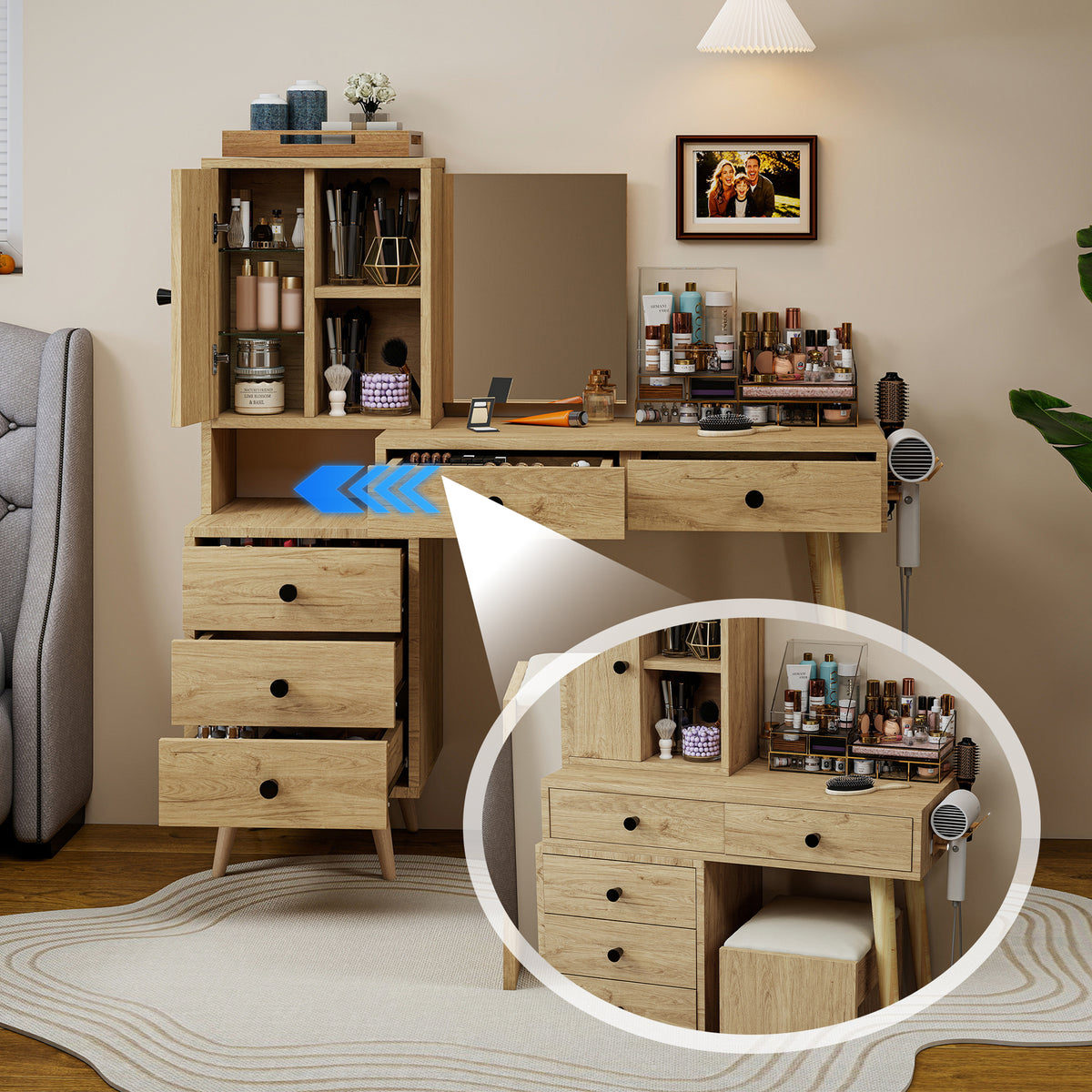 Modern Dressing Table with Retractable Mirror & Stool, Natural Wood