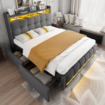 Upholstered Bed 140x200cm, LED & USB, 4-Drawer Storage, Linen Gray