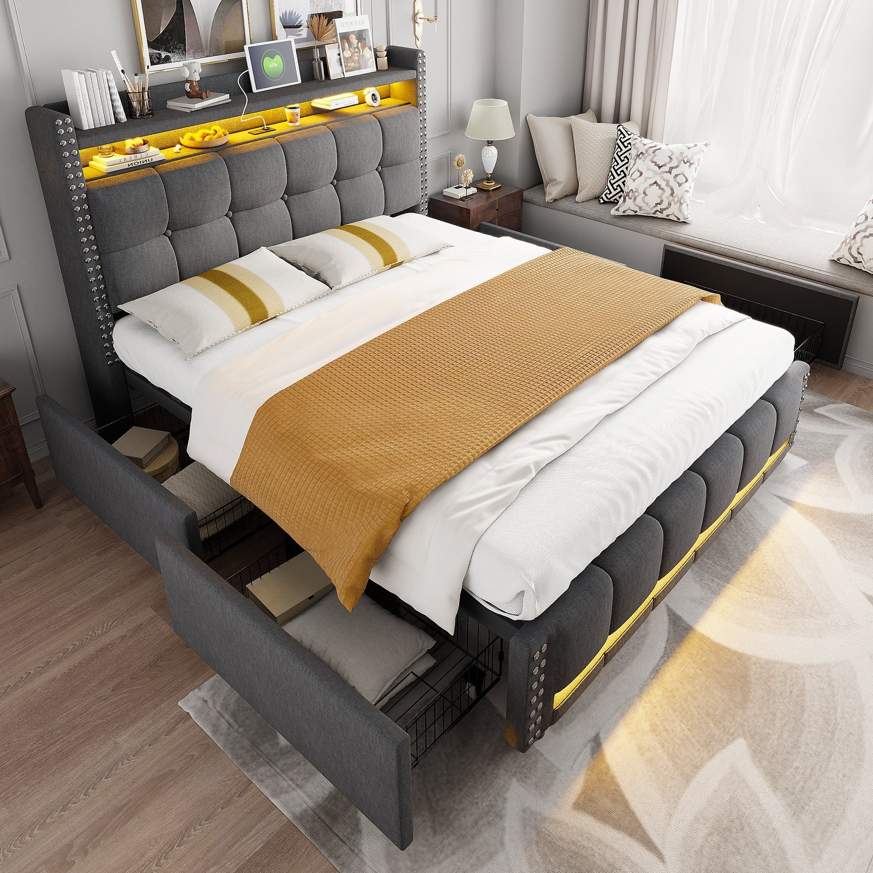 Upholstered Bed 140x200cm, LED & USB, 4-Drawer Storage, Linen Gray
