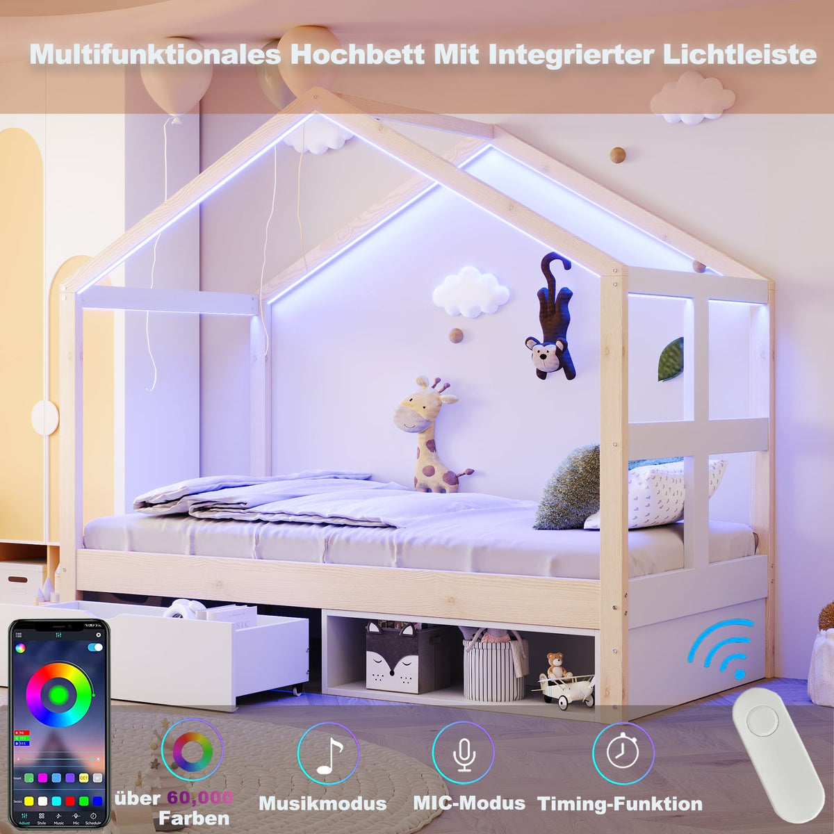 Wooden Bed with Drawers, Shoe Cabinet and LED Lighting, 90x190cm, Wood Color