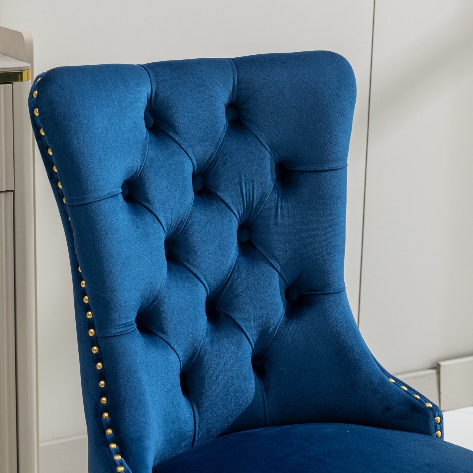 Dining Chair Set of 2 Tufted Velvet Upholstered Golden Legs Nailhead Trim - Blue