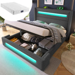 Upholstered Double Bed, 160x200cm, LED & Hydraulic Storage, Gray Linen