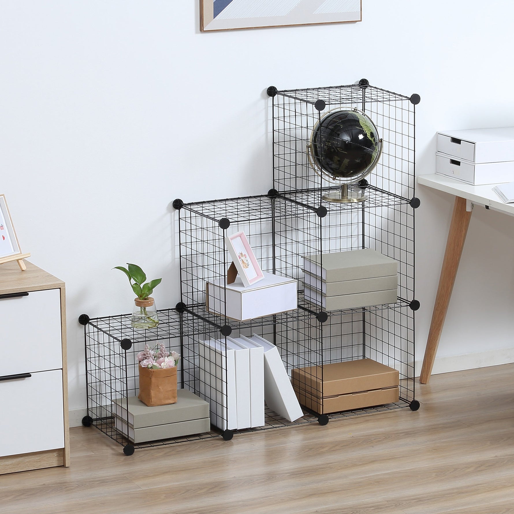 Shelving Unit, 6 Compartments, Wire Mesh Cube, Black