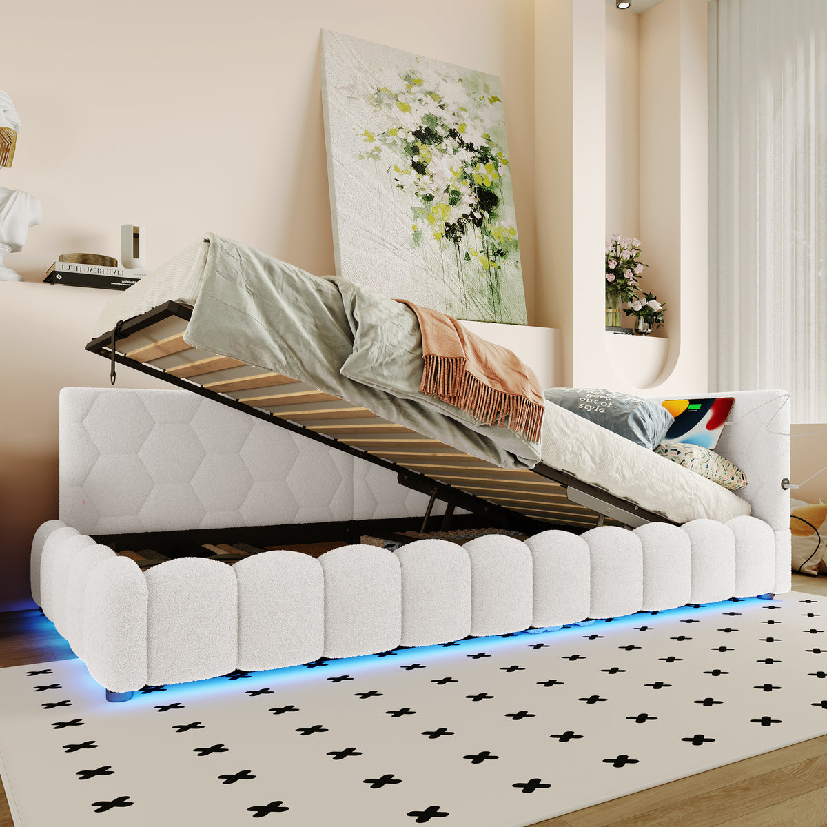 Daybed 90x200cm LED Hydraulic Storage USB White Imitation Fleece