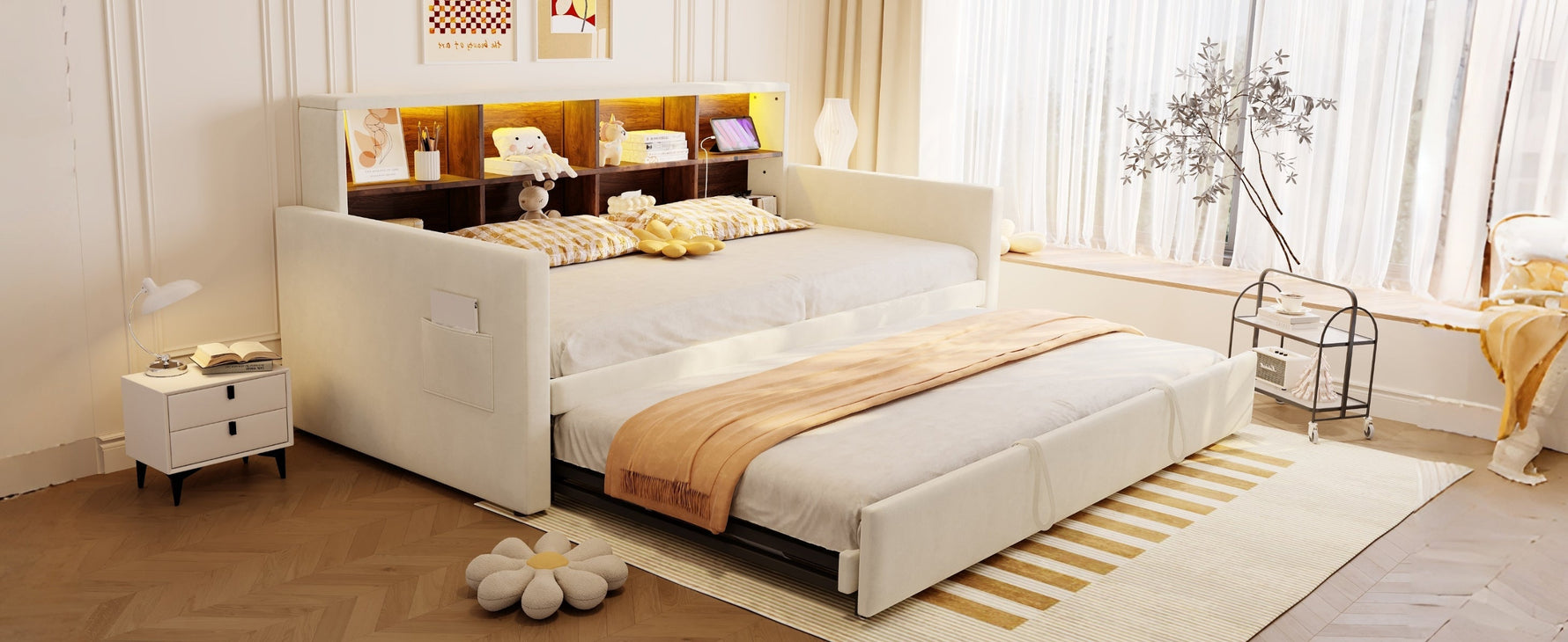 Upholstered Sofa Bed 90x190cm with Storage Headboard, LED and Charging Ports, Beige Velvet