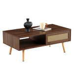 Wicker Coffee Table Sliding Doors Solid Wood Legs Dark Walnut Wood