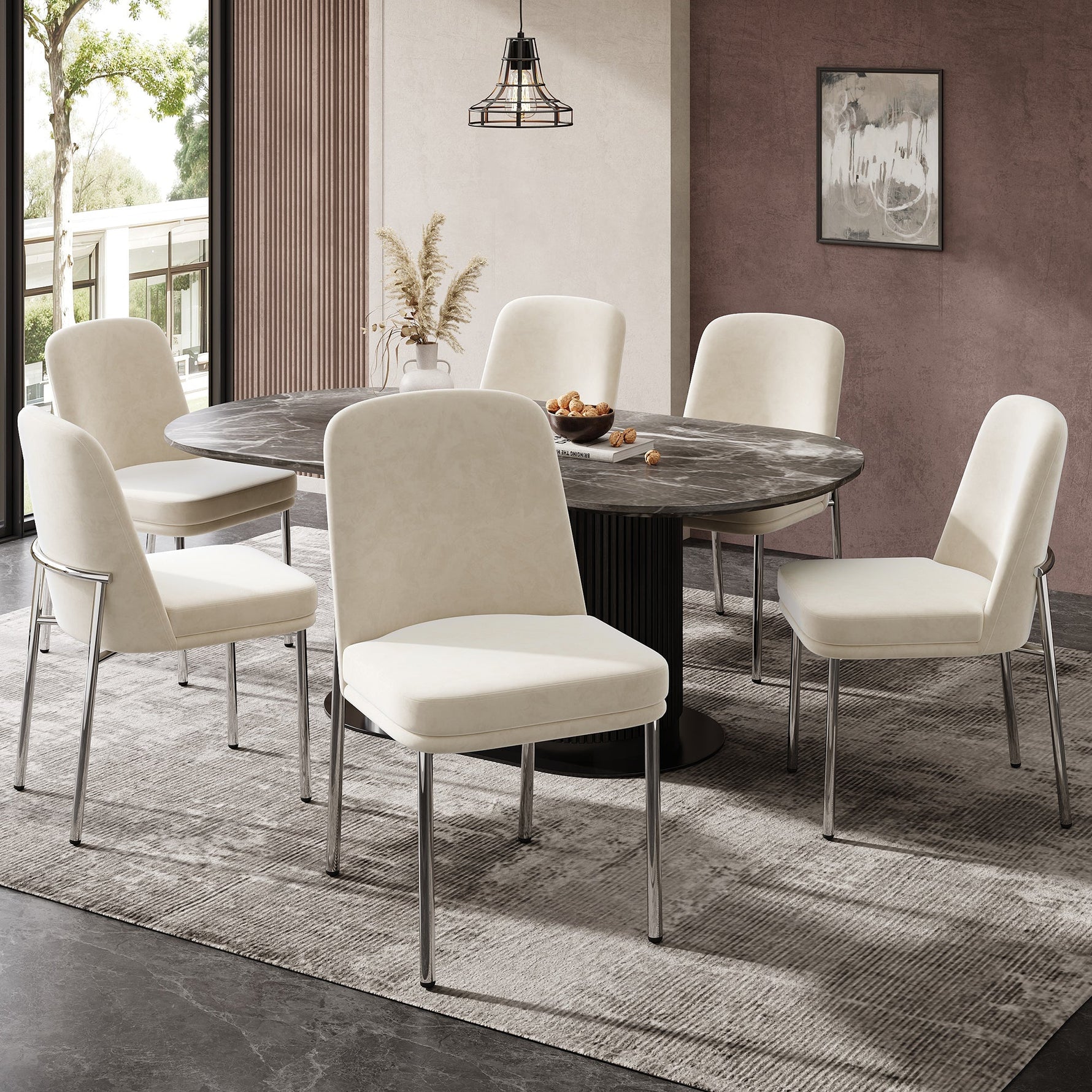 Dining Chairs Set of 2 Thickened Cushion Modern Metal Legs - Beige Velvet