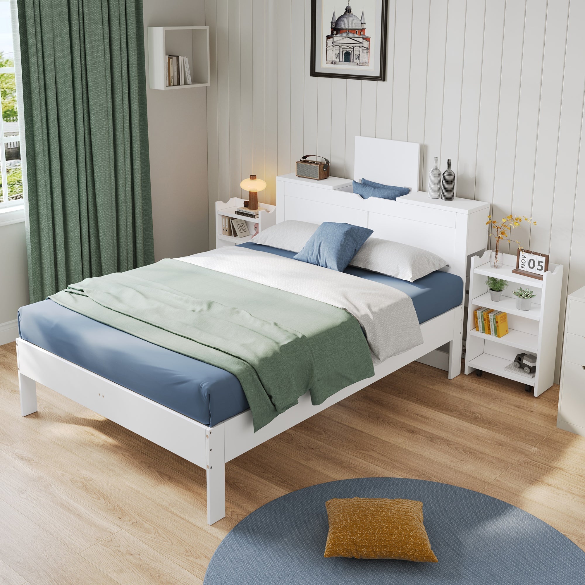 Wooden Bed 140x200 Double 2 Pull-out Nightstands Headboard Storage - White