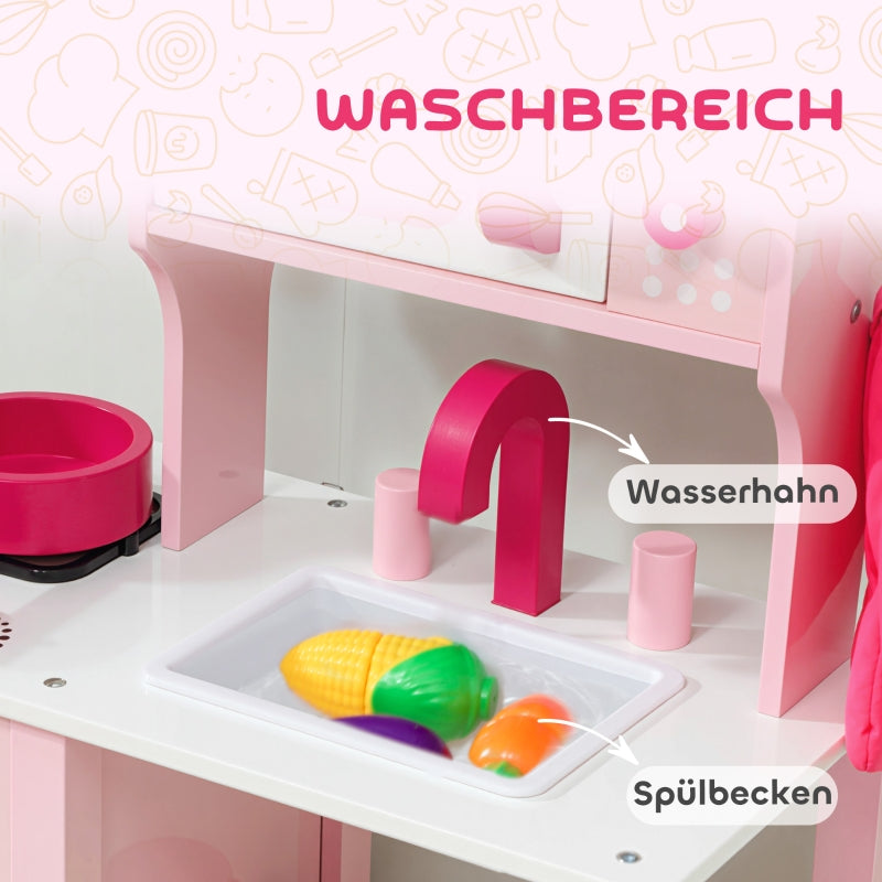 Children's Play Kitchen with Wooden Accessories and Sound Effects, Pink