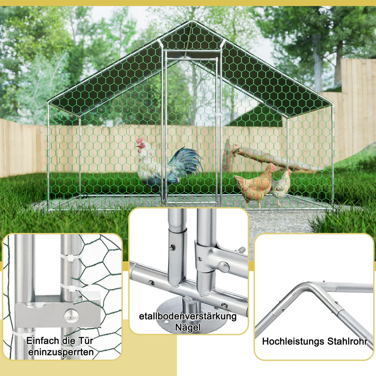 Free-Range Chicken Coop 3x2x2m, Safety Lock, Waterproof PE Cloth, Metal