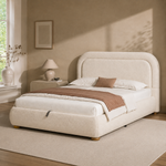 Upholstered Double Bed 140x200 cm with Storage, Beige Bouclé