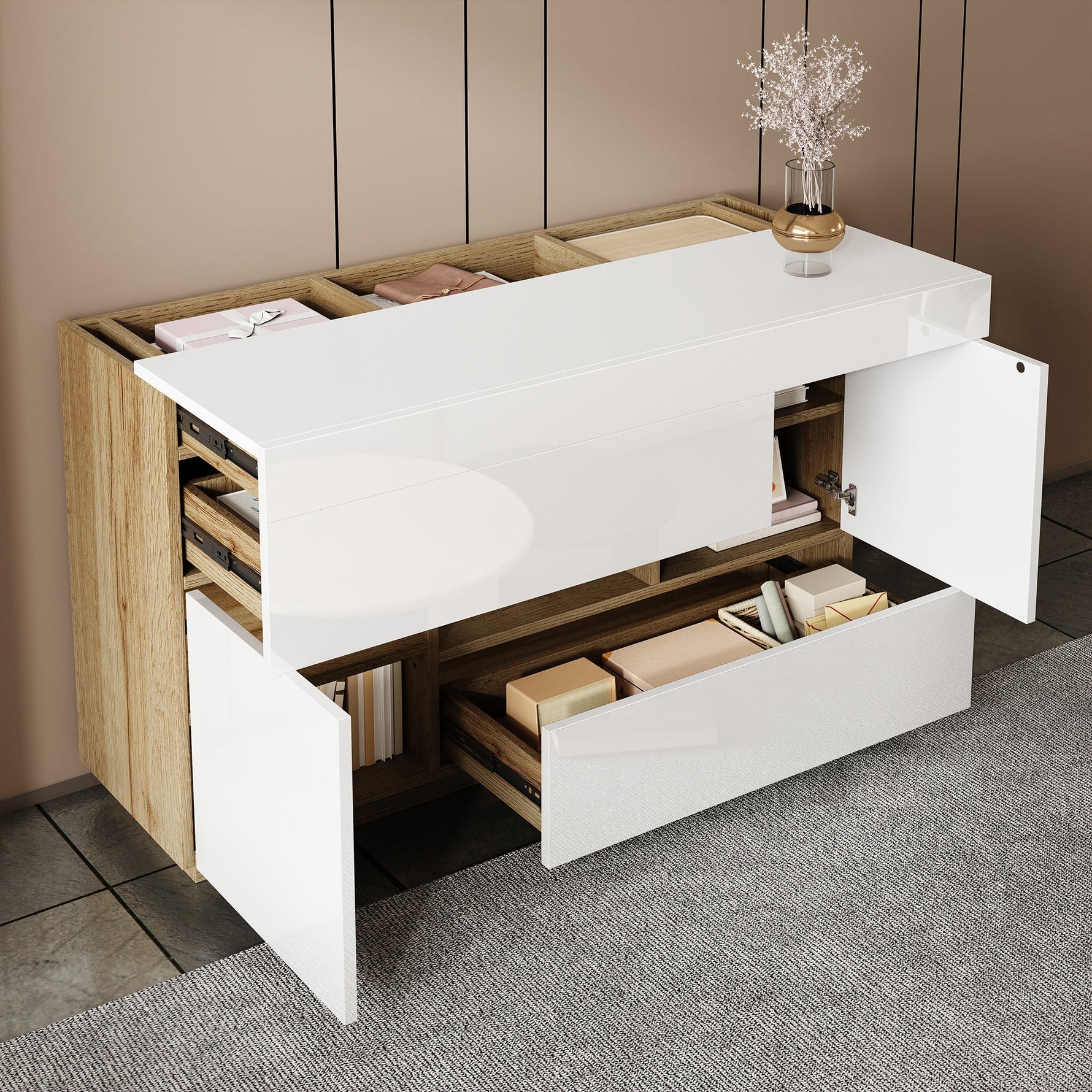 Sideboard, High-Gloss Display Cabinet with LED Lighting & Drawers, White