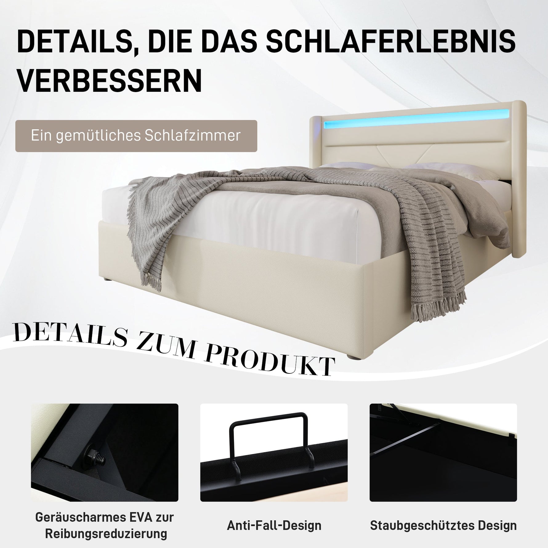 Hydraulic Storage Bed, 160x200cm Upholstered with LED Strip, White