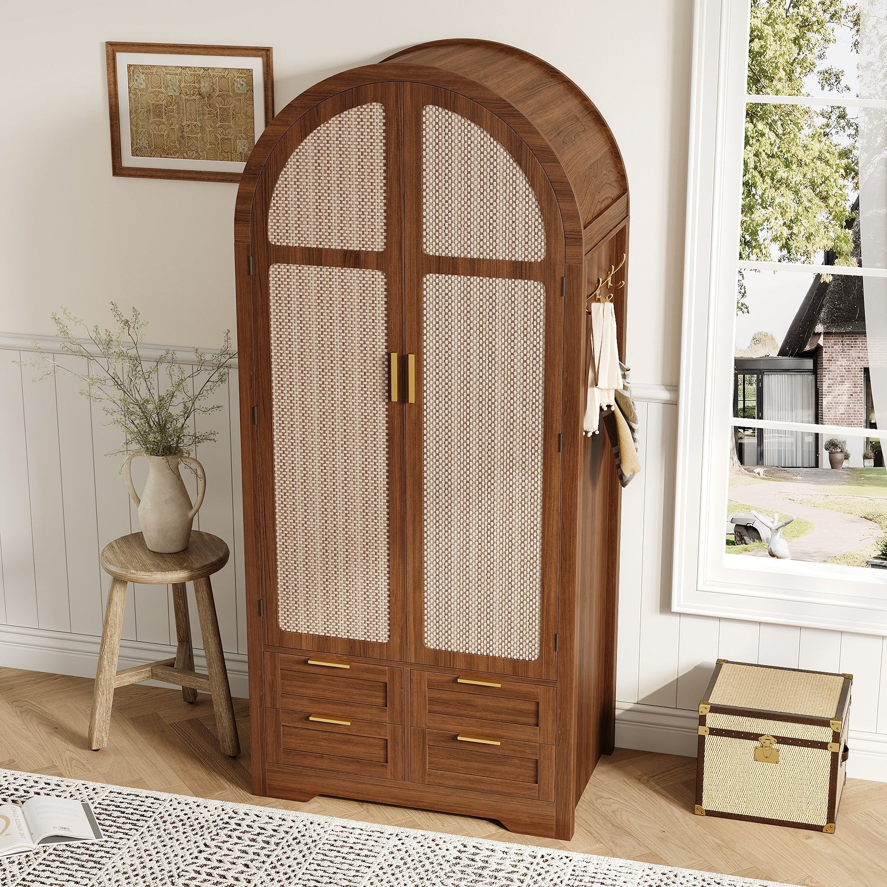 Modern Wardrobe with Curved Doors, Clothes Rail and Drawers, Walnut MDF